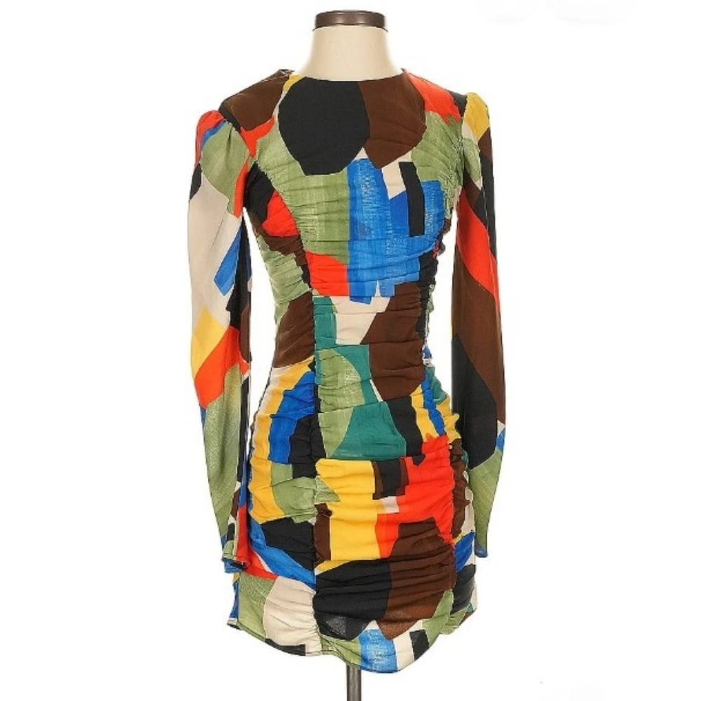Zara Printed 80s Abstract Mini Party Dress with Ruching Small